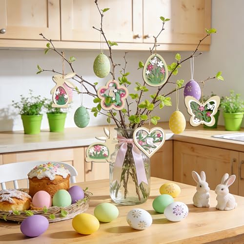 24 Stück Osterdeko Outdoor, Ostereier zum Aufhängen Holz,Frühlingsdeko Anhänger, Osterhase Oseranhänger Schmetterlinge Blumen Ostern Deko（Enthält 8 Meter Hanfseil）