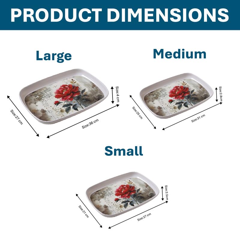 Image of Golden Fish Serving Tray Set of 3 for Different Sizes Floral Print, Rectangular Rounded Edge Tray for Kitchen, Dining & Tea Serving, Lightweight Durable Multipurpose Food & Snack Tray