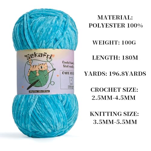 Image of Fuzzy Chenille Yarn for Crocheting, Fluffy Amigurumi Crochet Yarn for DIY Craft /Hat /Shoes, (100g /197yds) Soft Velvet Baby Blanket Yarns(Blue)