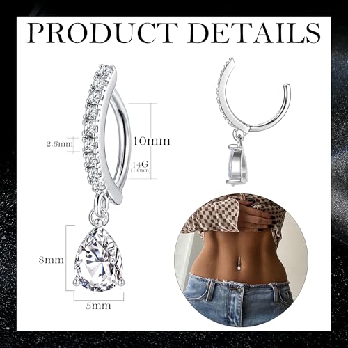 FIBO STEEL 14G Clicker Belly Rings 316L Surgical Steel Dangle Belly Button Ring CZ Teardrop Pendant Navel Rings Barbell Body Piercing Jewelry2