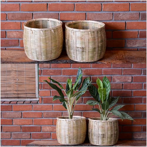 Image of Bamboo Basket - Versatile Indoor & Outdoor Use for Balcony, Terrace, Garden, Bedroom, Living Room, Flower Pot Storage for Toys, Clothes, Magazine (Medium)