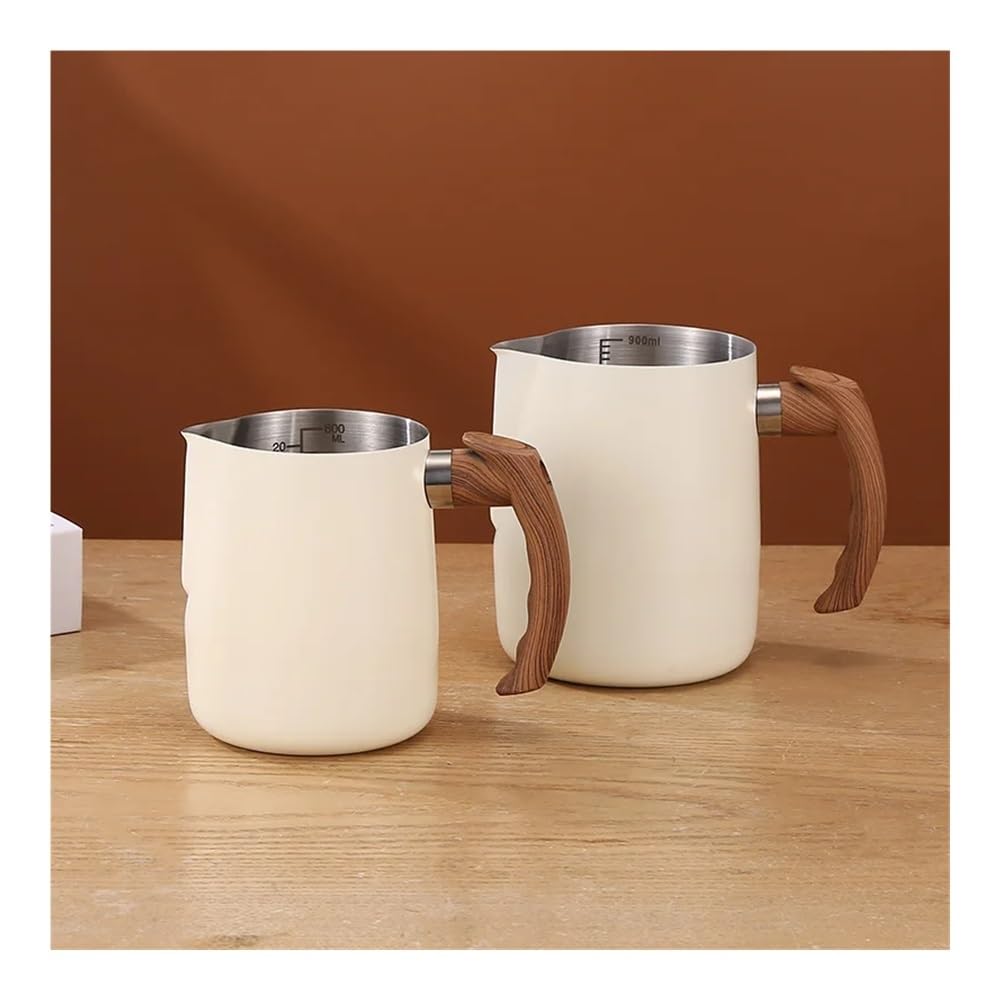 Milchaufschäumkännchen aus Edelstahl, 600/900 ml, präzise Skala, Holzgriff, Latte-Kaffeetasse, Kaffeezubehör, Küche, Café, Zubehör (600 ml, Silber)