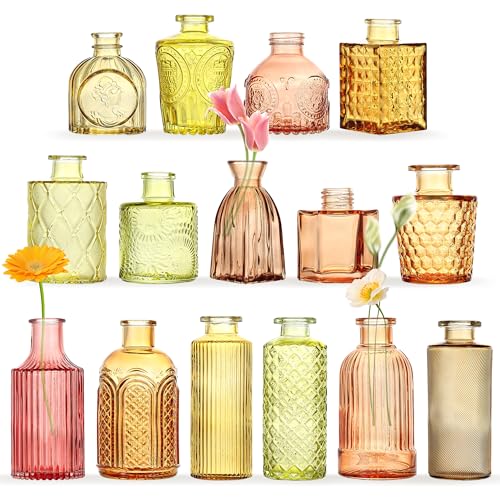 15 Pcs Colored Bud Vase Set,Vintage Glass Vases for Flower