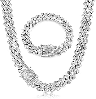 Roheafer Cuban Link Chain Iced Out for Men 14MM Miami Cuban Link Choker Necklace Bracelet 18K Gold Plated Bling Diamond Chain Bracelet Hip Hop Jewelry for Men Women