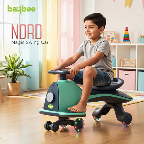 Image of Baybee Nord Baby Swing Car for Kids | Twister Push Ride on Kids Car with 360 Rotation, LED Light & Music | Push Rider Cars upto 85kg Weight Capacity | Magic Cars for Kid 3 to 8 Years (Teal /Dark Blue)