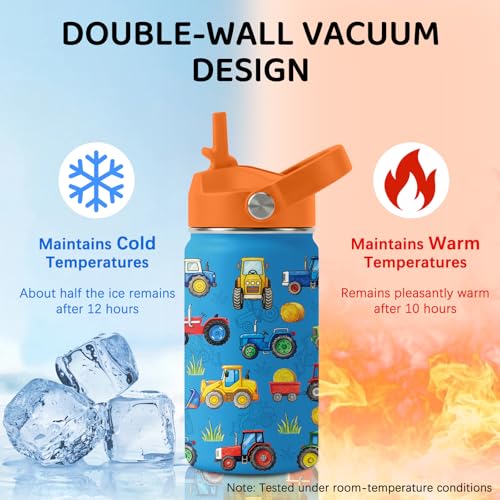 Image of Tractor Water Bottle for Son & Daughter, Stainless Steel Insulated Tumbler with Straw Lid and Handle, 12oz Reusable Leak-Proof Bottle for Sports