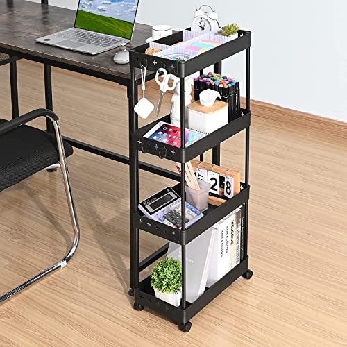 KINGRACK Slim Storage Trolley, Narrow Rolling Cart 4 Tier on Wheels, 22cm Wide Slide out Rolling Utility Cart with Hooks Dividers for Kitchen or Living Room, Laundry Room,Office Bathroom, Black - Image 3