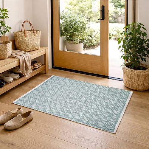 THE BEER VALLEY Cotton Diamond Woven Rug 2x3 Feet - Spa Grey
