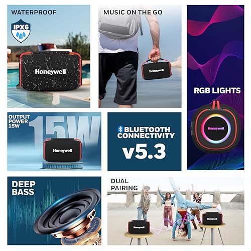 Image of Honeywell Suono P400 Bluetooth 5.3 Wireless Portable Speaker, 15W Output, Deep Bass, 10H Playtime, IPX6, TWS Pairing, RGB Lights, SD /AUX /Type-C Support, Built-in Mic, 78mm Drivers, 2-Year Warranty