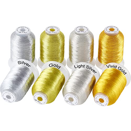 New Brothread 8Pcs (4 Gold+4 Silver Colors) Metallic Embroidery Machine Thread Kit 500M (550Y) Each Spool For Computerized Embroidery And Decorative Sewing - Assortment 2 #TOP3