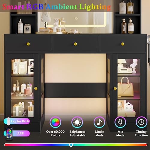 Image of Makeup Vanity Desk with Mirror and Lights, 43 inch Black Vanity with Glass Top, Jewelry Storage, 3 Drawers & Glass Cabinets, Power Outlet & Adjustable LED Lights, Dressing Table for Women & Girls Bedroom