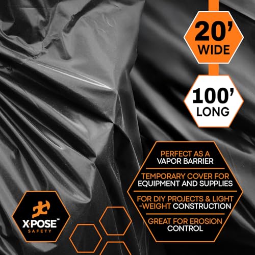 Image of Xpose Safety Black Plastic Sheeting - 20' x 100' Roll, 6 Mil - Heavy Duty Poly Sheet - Waterproof, Dustproof, Vapor Barrier - for Construction, Painting, Industrial Use