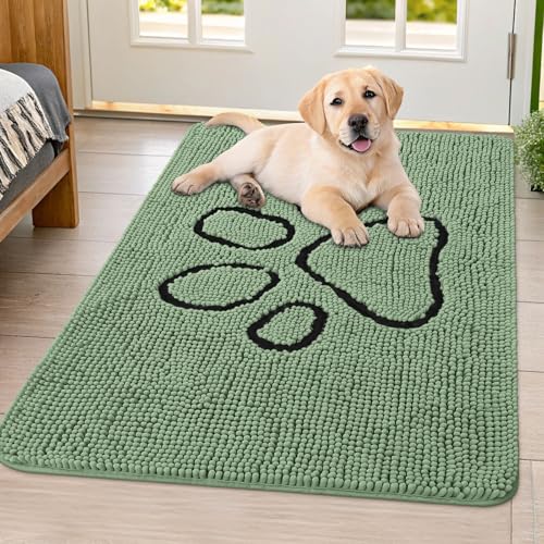 Image of Smiry Dog Door Mat for Muddy Paws, Absorbent Dirt Trapper Non Slip Quick Dry Washable Chenille Mat for Mud Dogs, Entry Rug for Indoor and Outdoor (40x32 Inches, Olive Green and Black)