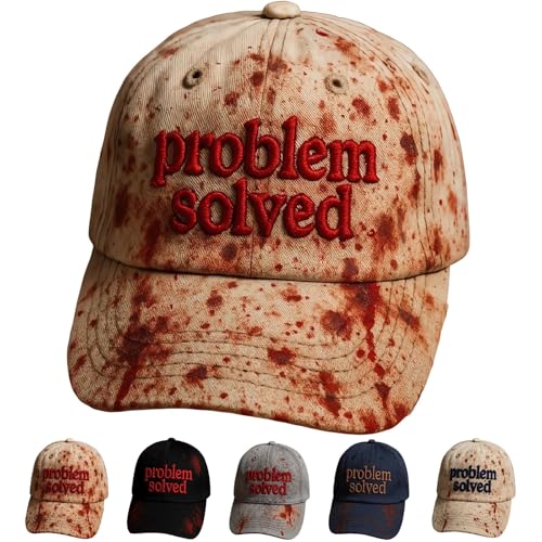 Unisex Casual Dark Blood Stain Hat Problem Solved Hat Embroidered Baseball Men Ball Cap Halloween Horror Costume Prop (Beige-a)