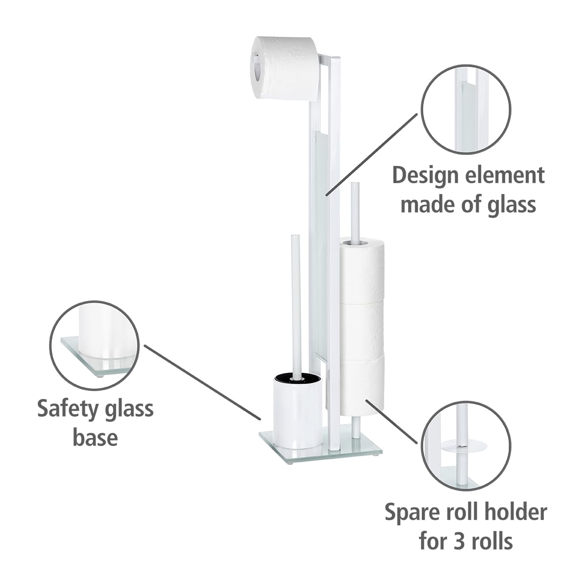WENKO Combiné WC Rivalta | 3 en 1| Brosse WC et Dérouleur Papier Toilette | Stockage Papier | Tête de Brosse remplaçable | Acier INOX Blanc et Verre trempé| 18x70x23 cm | Blanc