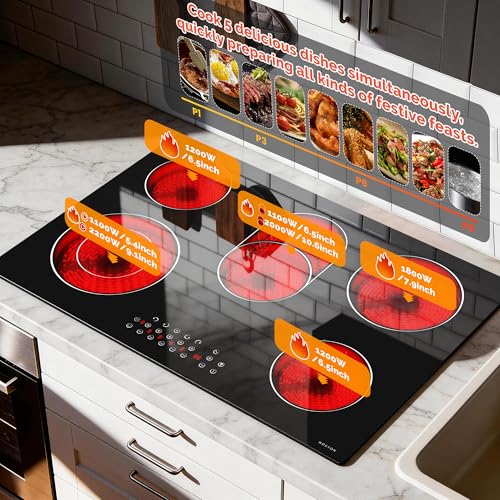 Image of Noxton Electric Cooktop 30 Inch,8400W High Power 5 Burner Radiant Stove Top | Expandable Burner, Child Safety Lock, Timer, Pause, 30 inch Drop-in Install Electric Ceramic Stovetop, 220-240V Hardwire, No Plug