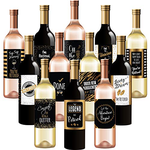 12 Happy Retirement Wine Bottle Labels | Retirement Party Decorations | Waterproof Stickers Won't Tear or Peel Off