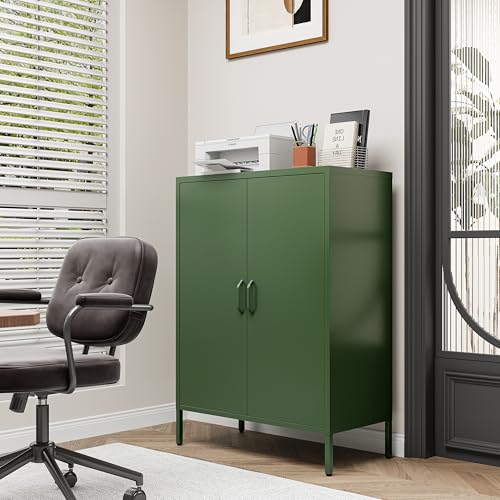 Bevivog Green Metal Locker Cabinet with 2 Doors, Metal Accent Cabinets with 2 Adjustable Shelves Home Office Storage Lockers Sideboard for Kitchen Living Room Hallway Entryway