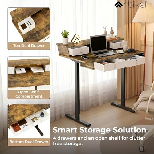 Image of ARTIKEL Valor Electric Height Adjustable Standing Desk with Storage Drawers & Shelves| Sit-Stand Desk for Home Office |Ergonomic Workspace Table (Brown, Valor (120 * 69cm))