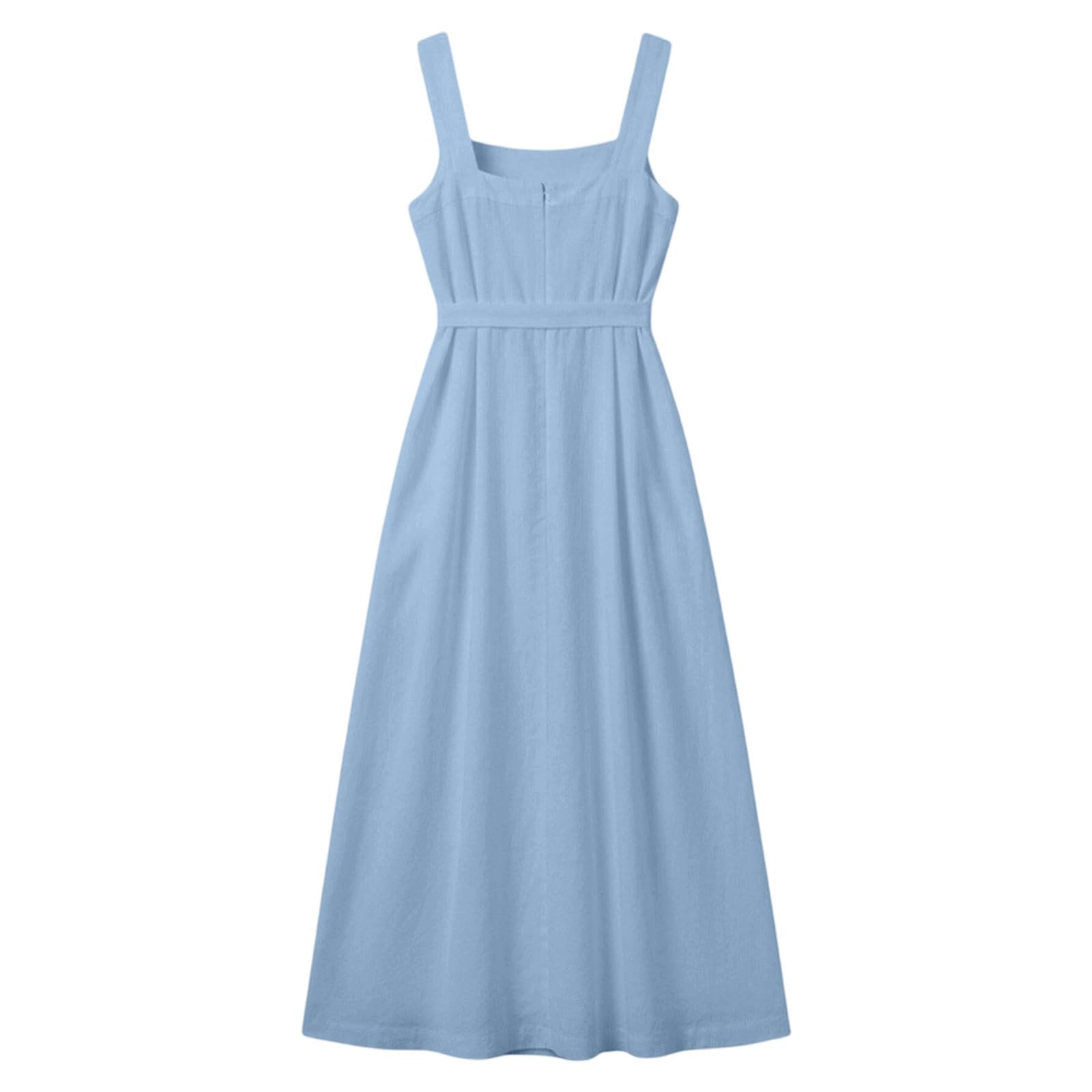 Vestidos de lino para mujer, vestido largo de verano con botones frontales, acampanado, cuello cuadrado, vestido casual de verano con bolsillos