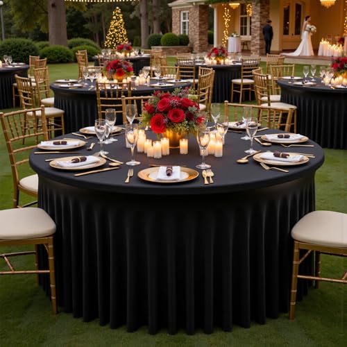 Htper 6 Pack Black Round Spandex Tablecloth for 60 inch Table, Wrinkle Free Stretchy 120inch Fitted 5FT Round Table Cloths Cover with Skirt for Wedding Birthday Party Dining Banquet Events