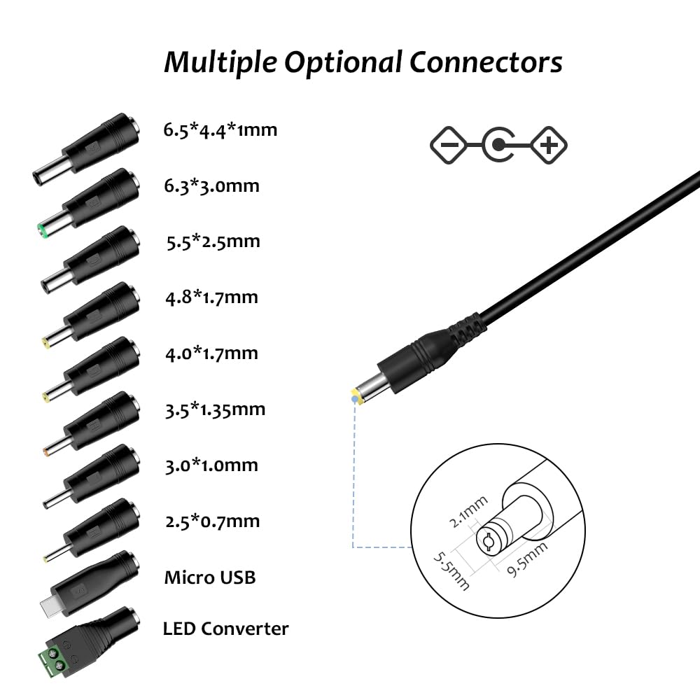 Zolt Uniwersalny zasilacz sieciowy 36 W, 3 V, 4,5 V, 5 V, 6 V, 7,5 V, 9 V, 12 V, 3 A, z 10 złączami DC do elektroniki, maks. 3000 mA.