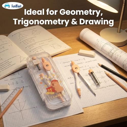 Image of FunBlast Capybara Theme Compass Set - 2 Pcs Mini Transparent Geometry Box with Compasses and Pencil Nib, Math Geometry Kit for Student & Professional (LightBrown-)