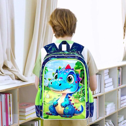 Image of AGSDON 3PCS Dinosaur Backpack for Boys, 16 inch Little Kids Preschool Bookbag, Elementary Backpacks and Lunch Box - Blue