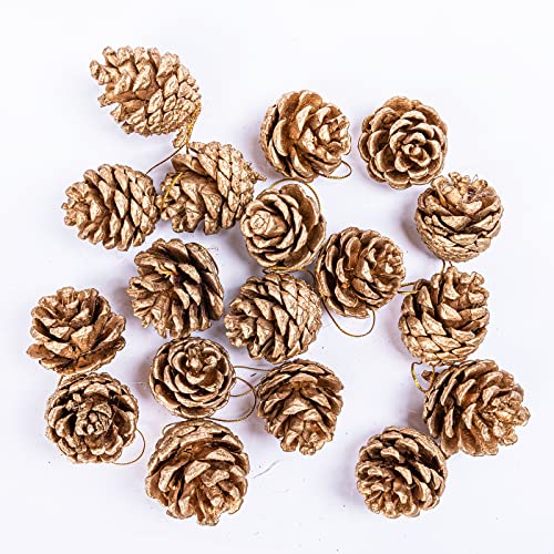 YUNSTK 18 Pieces Pine Cone Christmas Tree Decorations, Gold Pine Cones, Natural Pinecones with String Pendant Crafts for Garland Xmas Tree Baubles Wreath Gift Tag Hanging Ornaments