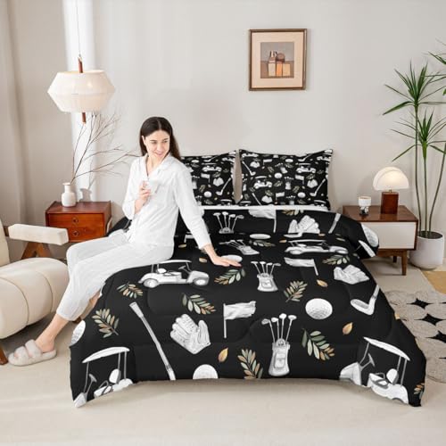 Image of Feelyou Black Golf Comforter Set Full Size Leaves Bedding Set for Kids Boys Girls Sports Golfing Theme Duvet Quilt Bedroom Decor Microfiber 3 Pcs with 2 Pillow Cases