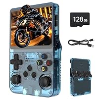 Febotak R36S Retro-Handheld-Spielkonsole, 3,5-Zoll-IPS-Bildschirm, 128 GB Speicher, über 40.000 Spiele, basierend auf LINXU Open Source ARKOS, 3500-mAh-Akku (Transparentes Blau)