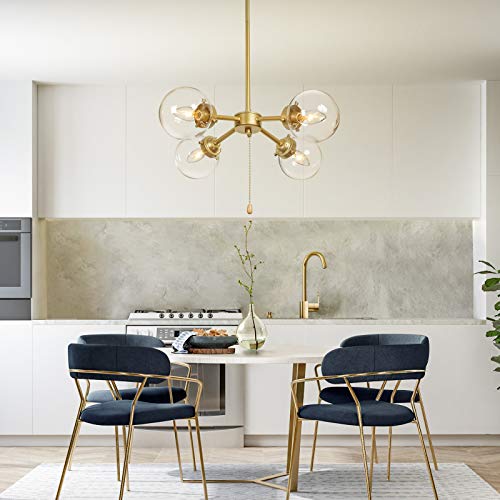 Ksana Gold Globe Chandelier With On/Off Switch Pull Chain, 4-Light Modern Gold Semi Flush Mount Ceiling Light With Clear Globe Glass Shades For Dining Room & Kitchen, Soft Gold, 19.5’’ Dia #TOP1