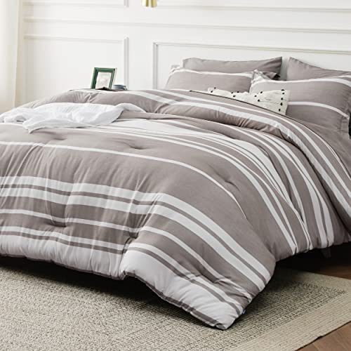 Image of Bedsure California King Comforter Set 7 Pieces, Taupe Striped Bedding Set for All Seasons, Reversible, Cationic Dyeing Bed in a Bag with Comforter, Sheets, Pillowcases & Shams