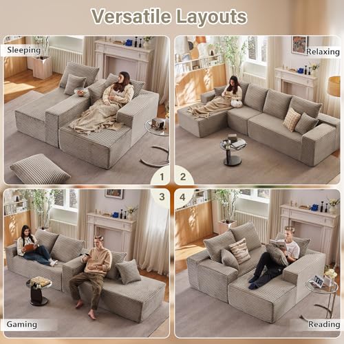 Image of 135 inch Cloud Sectional Couch with L-Shape Chaise, Modern Modular Comfy Sofa with Deep Seat, Upholstered Corduroy Couches Sleeper Chaise Longue for Living Room Bedroom, No Assembly Required, Camel