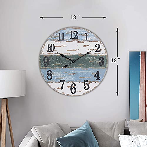 Large Beach Wall Clock, 18" Farmhouse Nautical Coastal Wall Decor for Living Room Kitchen