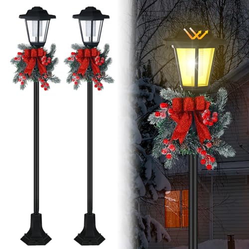 VIHOSE 2 Pcs 53 inch Solar Christmas Lamp Post with Red Bow Wreath Outdoor Christmas Lamp Post Lights Waterproof Pole Lights Yard Lamppost for Holiday Patio Decor Warm White