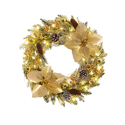 Couronne de Noël avec lumières de 15,7 pouces ornée de pommes de pin et de baies pour porte