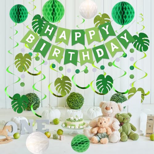 meowtastic Green Birthday Decorations - Green Happy Birthday Banner with Honeycomb Balls, Palm Leaves Hanging Swirl Streamers, Circle Dot Garland Decorations - Birthday Party Decoration for Boy Girl - Image 3