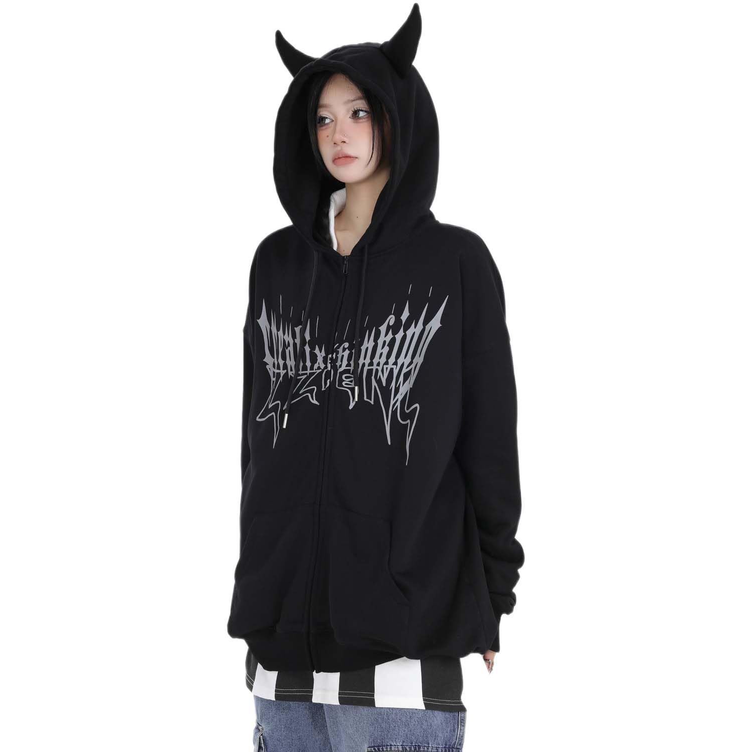 Sumleno Devil Horn Zip Up Hoodie Women Y2K Clothing Oversized Emo Alt Hooded Sweatshirt Punk Goth Aesthetic Grunge Pullover