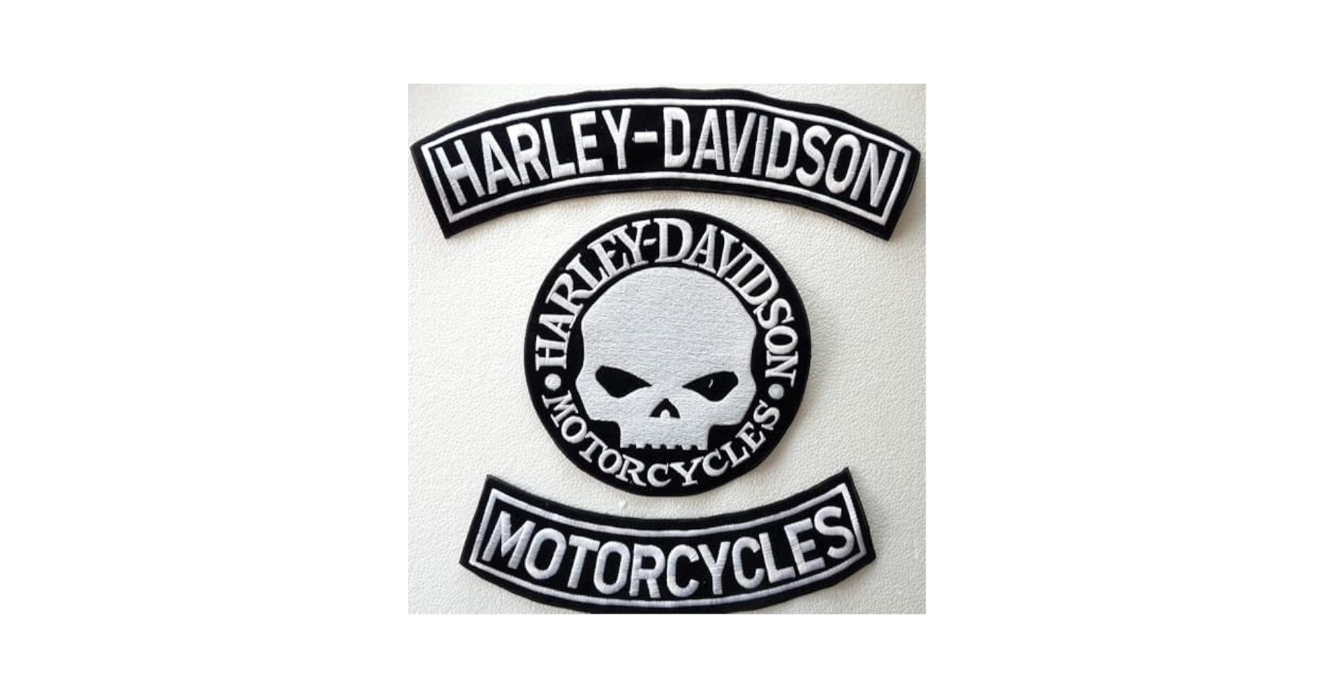 3 Patchs Argentés Harley Davidson - Crâne, Logo, Arc | Pour Gilets Cuir Moto