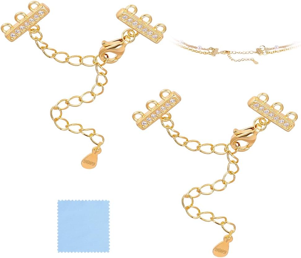 PH PandaHall 2pcs Sterling Silver Necklace Layering Clasp, 3 Strands Layered Necklaces Clasps Connectors Micro Pave Cubic Zirconia Separator with Extender for Women Jewelry Making Bracelet Necklace