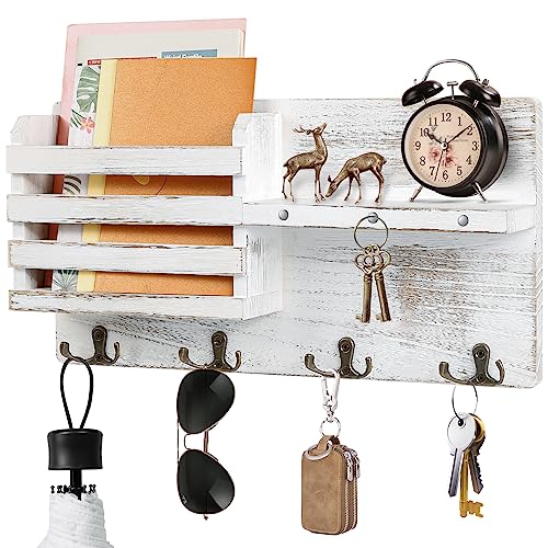 Portachiavi Da Parete Moderno In Legno Nero Con 4 Ganci Doppi In Ottone E Ripiano, Stile Fattoria - 2
