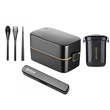 3 Layer Bento Lunch Box with Cutlery, 2 Chopsticks | 1 Spoon | 1 Fork & Soup Pot Leakproof 4 Containers Tiffin Set Microwave/Dishwasher Safe - (Black, 6.5 LTR)
