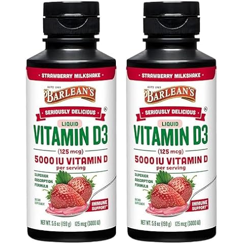 Barlean's Pack of 2 Liquid Vitamin D Supplement for Kids and Adults with 5000 IU D3, Strawberry Milkshake Flavored Sugar Free Vitamins for Children, 5.6 oz Each Cover