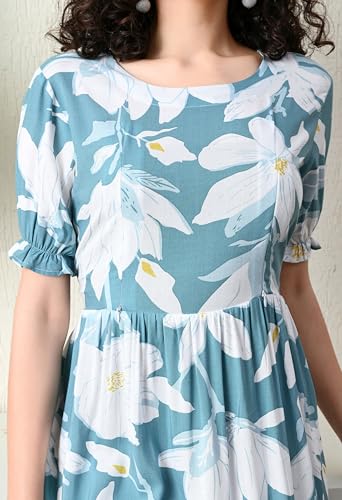 Image of Ichaa Women's Aqua Rayon Printed Maternity Dress with Feeding Zips and Pocket, in Plus Sizes