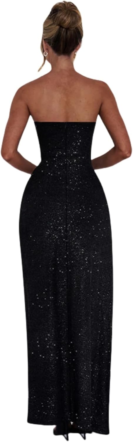 JUMISEE Women's Elegant Glitter Strapless Maxi Dress Sexy High Slit Ruffle Bodycon Cocktail Dress Evening Gown - Image 4