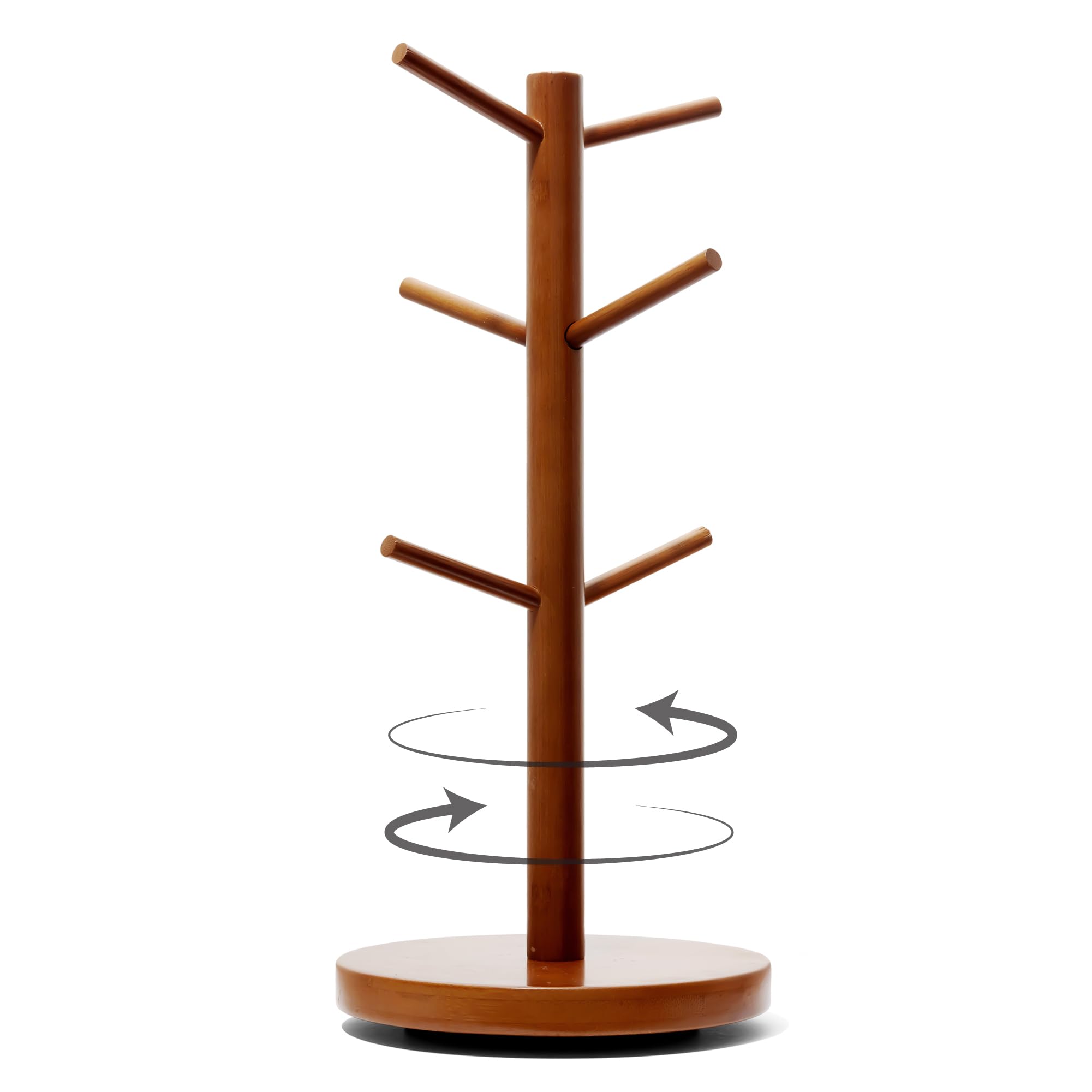 Rotating Wooden Coffee Mug Holder for Counter Top, Sturdy Stand for Large Cups w/Non-Slip Countertop Base & 6 Hooks, Coffee Mug Tree for Counter, Easy-Assembly Stylish Cup Tree Holder for Countertop