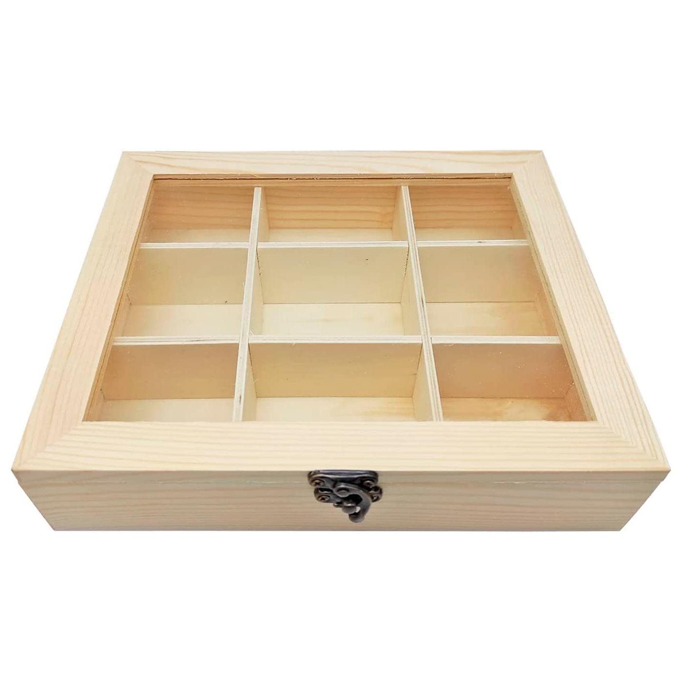 Acan Tradineur - Pack de 6 Cajas de Madera con 9 Compartimentos y Tapa con Cristal, Expositor de Joyas, Organizador, joyero, Collares, Relojes, 4,8 x 21,2 x 17,9 cm