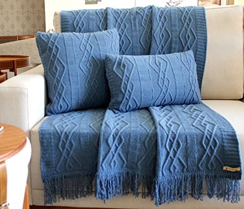 KIT MANTA SOFA TRICO CARMEN 150X90cm + 2 CAPAS DE ALMOFADA 45x45cm Cor:cognac