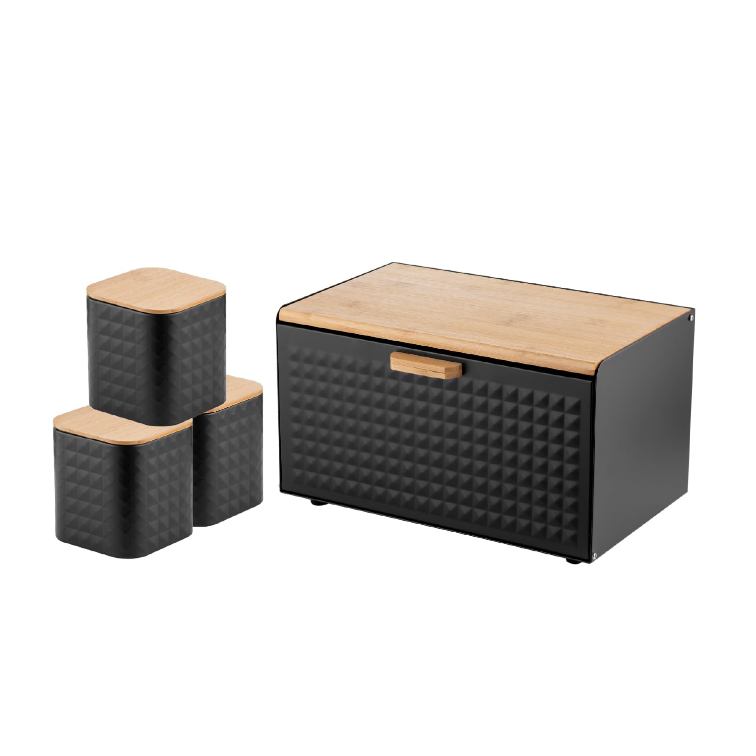 FLORINA Brotkasten inkl. 3-er-Set Aufbewahrungsdosen CUBE I Brotbox aus Stahl und Bambus-Deckel I Geräumiger und moderner Brotbehälter I 3 Vorratsdosen für Kaffee Tee Zucker I Farbe: Schwarz